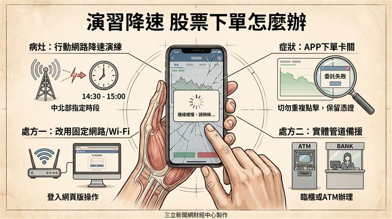 演習期間網銀與證券下單App可能連線不穩,若有迫切轉帳或繳費需求,官方建議改採室內Wi-Fi、固定網路、ATM或臨櫃辦理。2026城鎮韌性防空演習將進行首次行動網路降速模擬,中部與北部地區民眾及臺銀、土銀、臺銀證券客戶應特別留意演習時段與網銀功能影響。(圖/AI製圖)