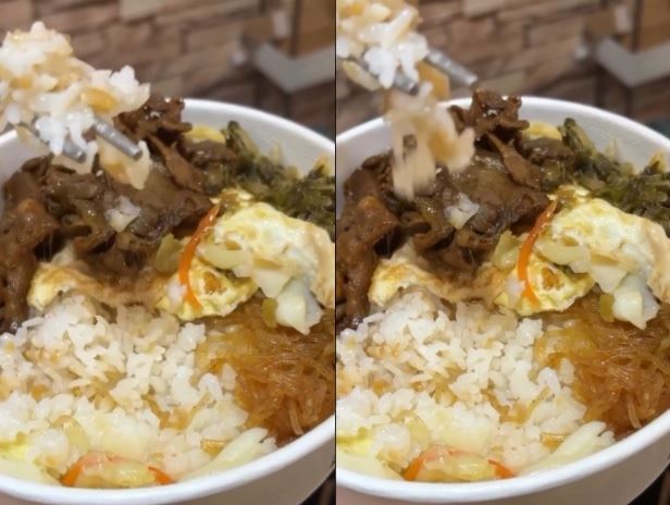 網友透過外送平台訂購北車補習街烤肉飯便當,赫然發現白飯拉出細絲,疑有變質狀況。(圖/翻攝自Threads)