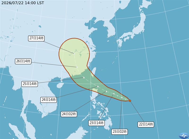 熱帶性低氣壓「TD13」最快將於明日深夜至週五清晨增強為今年第12號颱風「紅霞」。(圖/翻攝自氣象署)