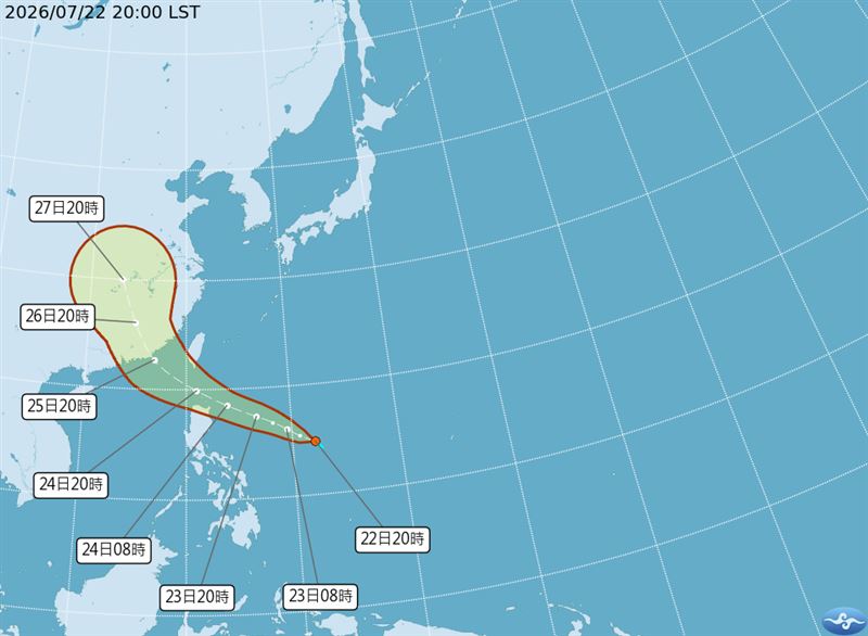 紅霞颱風生成後,在週五及週六的時候距離台灣最接近。(圖/氣象署)