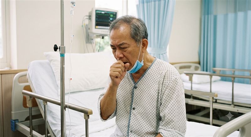 新冠疫情進入流行期，胸腔暨重症專科醫師黃軒提醒，流感、新冠恐出現雙重感染。兩者症狀相似，若出現呼吸困難、胸痛等7大警訊，應立即就醫。（示意圖／AI製圖）