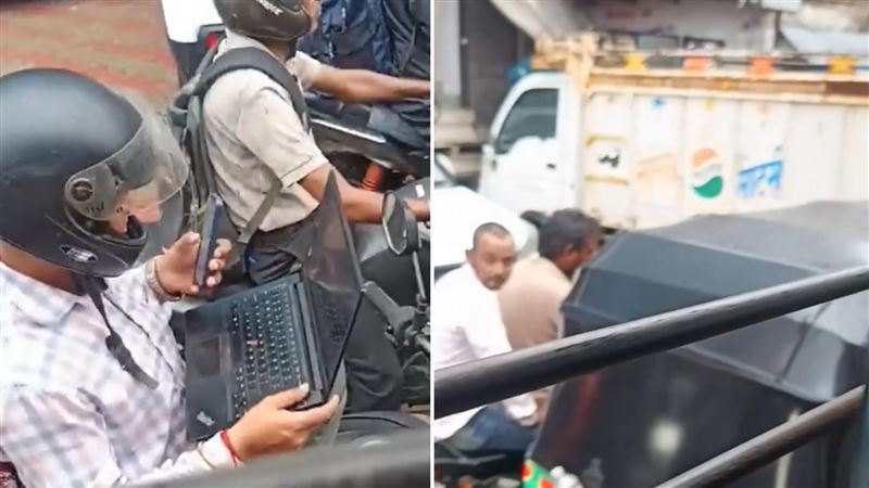 印度民眾目擊,機車騎士在塞車時拿出筆電和手機工作。(圖/翻攝自X)