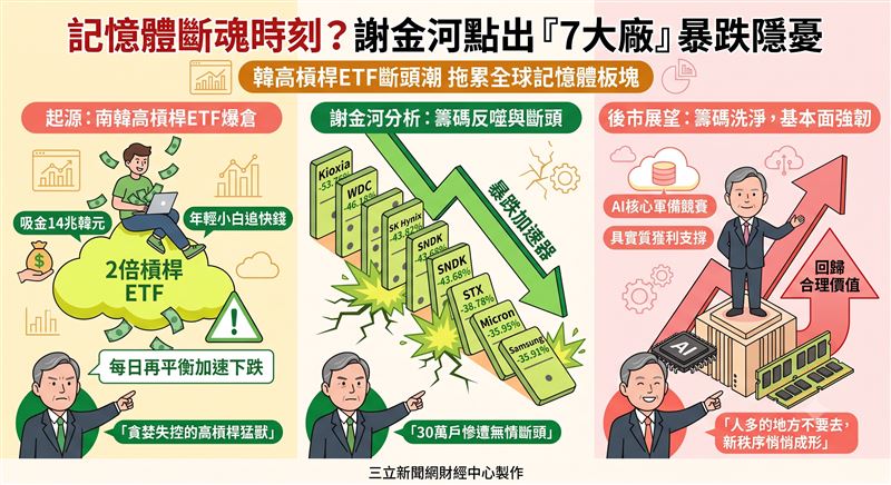 南韓兩倍槓桿ETF釀大禍!吸金14兆韓元卻引爆逾30萬戶斷頭,骨牌效應拖累全球7大記憶體廠重挫。謝金河直指高槓桿反噬是暴跌真兇,但AI基本面依舊強健,籌碼洗淨後,市場將回歸真實價值。(AI製圖)