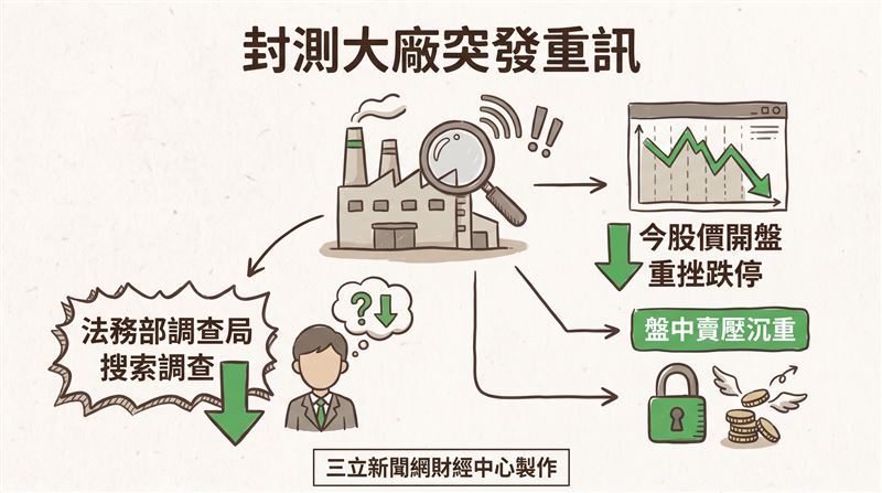 半導體封測廠頎邦發布重大訊息證實,法務部調查局已於23日進駐公司執行搜索調查,目前正全力配合檢調釐清真相。頎邦(6147)今日股價開盤後應聲大跌,盤中直接鎖在158元跌停價位,賣壓極為沉重。(圖/AI製圖)