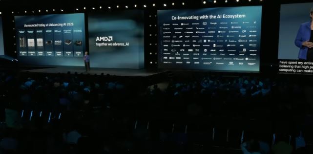 美國IC設計大廠超微(AMD)在年度盛會「Advancing AI」上,由執行長蘇姿丰親自宣布,首款「Helios」(名稱取自希臘神話的太陽神)機架級AI解決方案已正式進入全面量產,效能直接對打輝達(NVIDIA)新一代機櫃系統,會場背板同步曝光多達14家台灣供應鏈廠商,立刻成為市場焦點。 (圖/翻攝自AMD Youtube頻道)