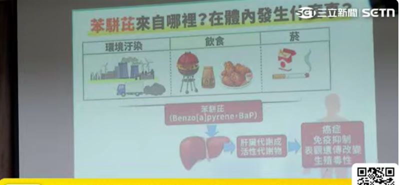 顏宗海指出，苯駢芘本來就是一種環境汙染物，像工廠廢氣，汽車、機車的廢氣，乃至抽菸、燃燒煙草也會產生。（圖／翻攝直播畫面）