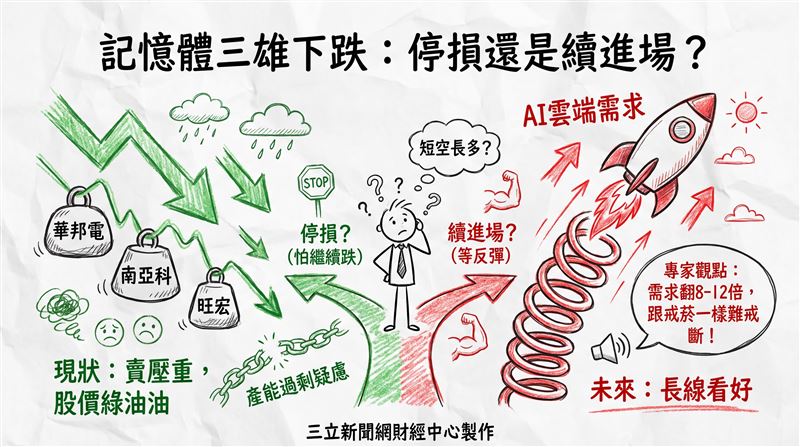 彭博分析師Shuli Ren日前才拋出警語,直指記憶體恐在2028年前後出現產能過剩隱憂,加上市場盛傳華爾街資金正加速撤出硬體股,讓不少投資人開始擔心,下一波多頭行情記憶體恐怕跟不上腳步。對此,財經專家邱敏寬則直接打臉這種悲觀論調,強調記憶體絕對不會產能過剩,AI雲端需求未來恐怕還得再翻上8倍到12倍。(圖/AI製圖)