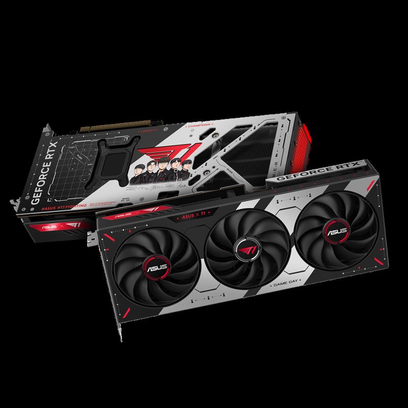 1 GeForce RTX 5070採用沉穩內斂的黑白經典配色,呼應電競賽場所講究的分明條理與紀律感,並輔以T1招牌紅色線條與隊徽妝點,建議售價為新台幣25,990元。(圖/華碩提供)