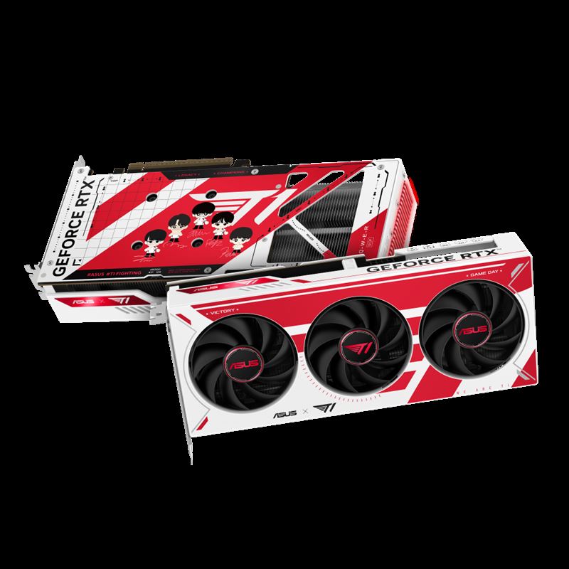 T1 GeForce RTX 5060 Ti則以醒目的紅白雙色為主軸,展現戰隊鮮明識別度;動態感十足的隊徽設計張力飽滿,辨識度大幅提升,建議售價為新台幣18,990元。(圖/華碩提供)
