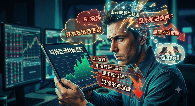 Ｇoogle、特斯拉等科技巨頭在新一期財報雖繳出亮眼成績單，股價卻不升反跌，反映出市場更關注的是未來龐大的AI資本支出，游庭皓認為，市場最大的問題其實是「過度腦補」。（圖／AI製圖）