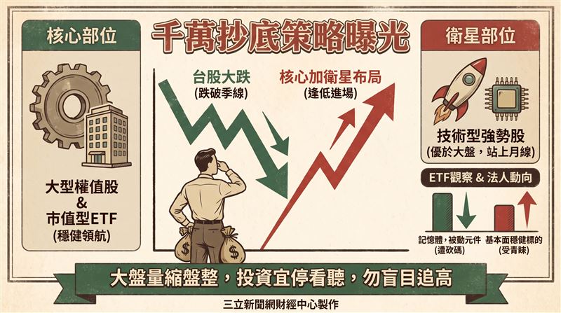 財經專家阮慕驊在節目中透露大跌期間砸千萬抄底,並分享核心與衛星資產配置策略。阮慕驊分析00988A與00990A持股變化,指出法人近期正大幅減碼記憶體與被動元件。面臨大盤量縮震盪,阮慕驊建議股民切勿盲目追高,後續大盤較難出現直線上漲的V型反轉。(圖/AI製圖)