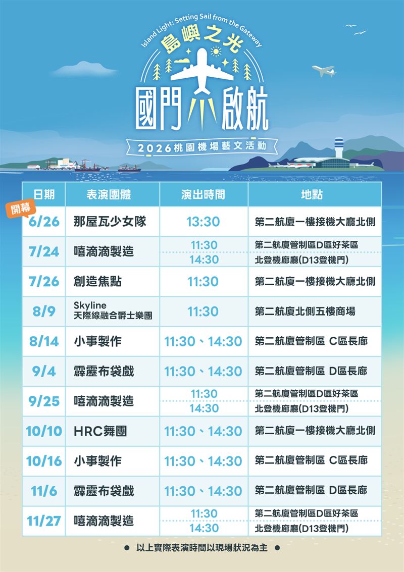 桃園機場「島嶼之光 國門啟航」2026年度藝文展演,自7月至11月底不間斷推出,深化旅客文化體驗