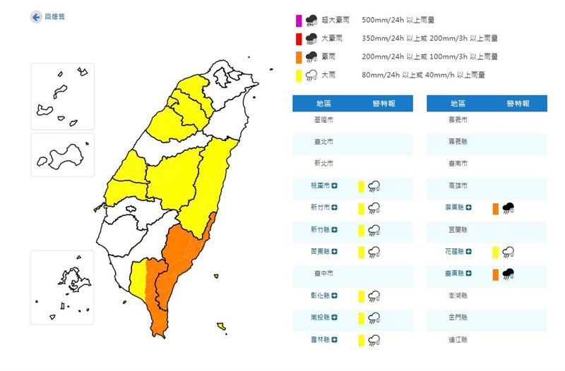 中央氣象署在今(25)日16:10發布豪大雨特報。(圖/中央氣象署)