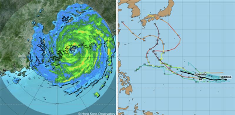 今晨(26日)3:30香港雷達資料顯示,第12號颱風「紅霞」已在深圳登陸廣東(左圖)。最新(25日20時)歐洲模式系集模擬路徑圖(右圖)顯示,又有颱風生成,模擬路徑對臺皆無威脅。(圖/翻攝自洩天機教室官網)