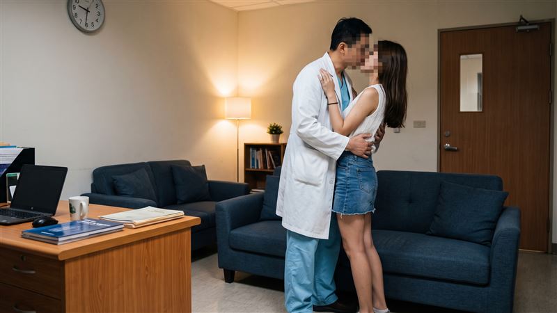人妻因陪同母親就醫,跟主治醫生發生婚外情,兩人在醫生休息室內,擁抱、親吻。(示意圖/AI生成圖)