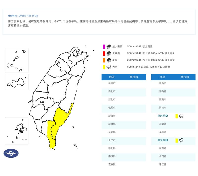 氣象署在今(26)天10:25發布大雨特報。(圖/翻攝自氣象署官網)
