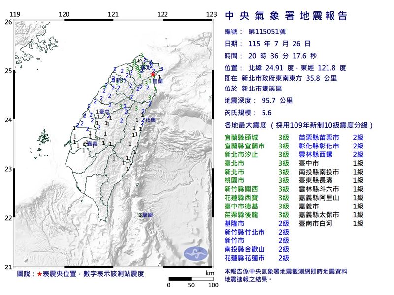 今日晚間雙溪發生規模5.6地震。(圖/氣象署)