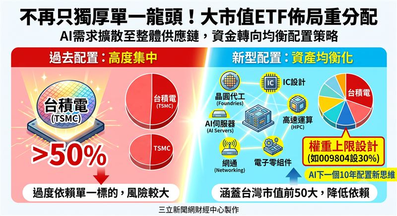 AI需求由單一龍頭擴散至整體供應鏈,市場資金轉向布局大市值與均衡配置策略。法人指出,透過調整成分股權重上限設計,有助於降低單一企業依賴度,迎向產業多元發展新趨勢。(AI製圖)