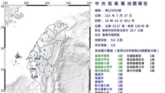 台南地震規模4.8！13縣市有感　震度4級