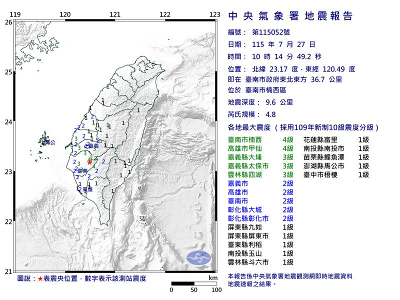 台南今早發生規模4.8地震。(圖/氣象署)