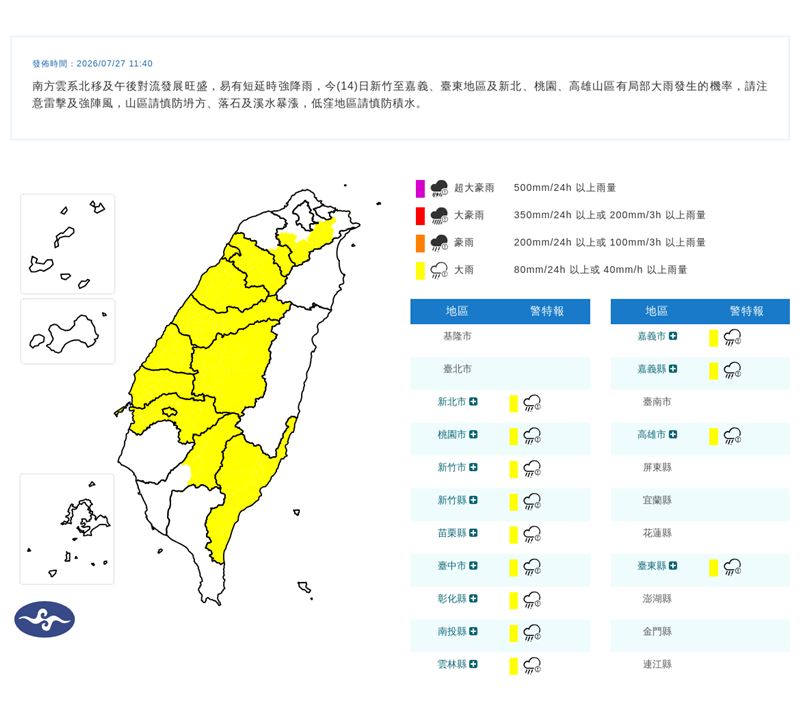 氣象署今(27)天11:40發布大雨特報。(圖/翻攝自氣象署官網)