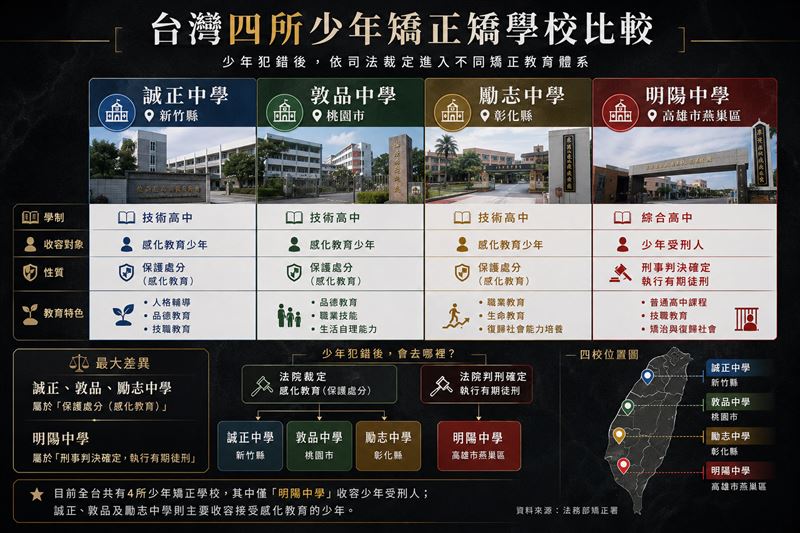 全台目前已無少年監獄，少年均由4所少年矯正學校收容。其中，明陽中學是全台唯一收容少年受刑人的矯正學校，透過普通教育、技職訓練、心理輔導及生活管理，協助學生完成刑罰執行並銜接復歸社會。（資料來源：各矯正學校；整理製圖：記者張雅筑、AI）