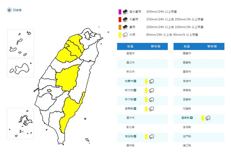 氣象署今(27)日19時30分針對6縣市發布大雨特報。(圖/中央氣象署)