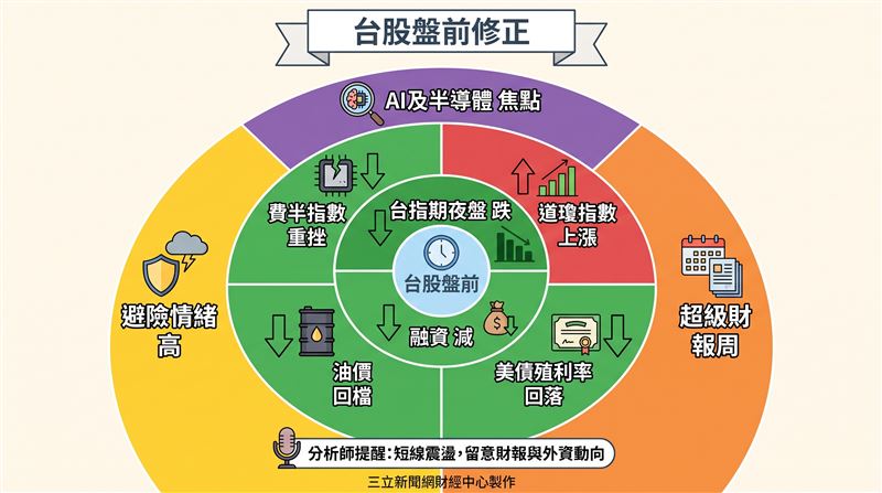 台指期夜盤同步大跌708點,台積電期貨盤後下跌43元,加上融資再減83億元,市場避險情緒仍高,台股今(28)日開盤恐延續修正格局,AI及半導體族群將持續成為市場觀察焦點。(圖/三立新聞網財經中心蕭榕AI製圖)