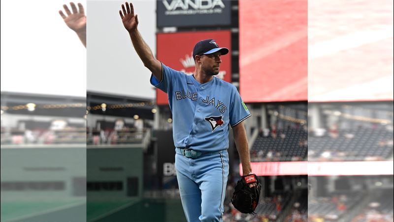 薛澤（Max Scherzer）42歲生日對上前東家國民，在歡呼聲中退場。（圖／翻攝自MLB推特）