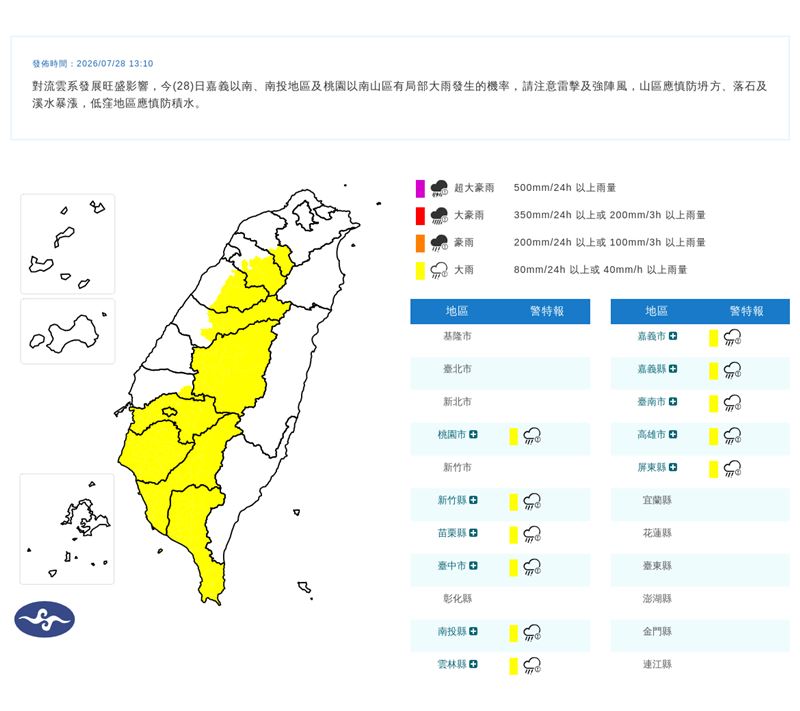 中央氣象署在今（28）天13:10發布大雨特報。（圖／翻攝自氣象署官網）