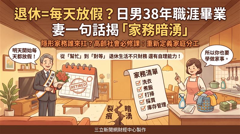 日本高齡化社會下，退休後夫妻家務分工問題日益受到關注，如何建立對等責任成為婚姻經營新課題。（圖／三立新聞網財經中心蕭榕AI製圖）