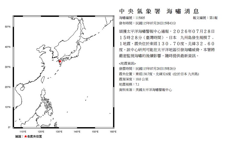 氣象署發布海嘯消息。（圖／氣象署）