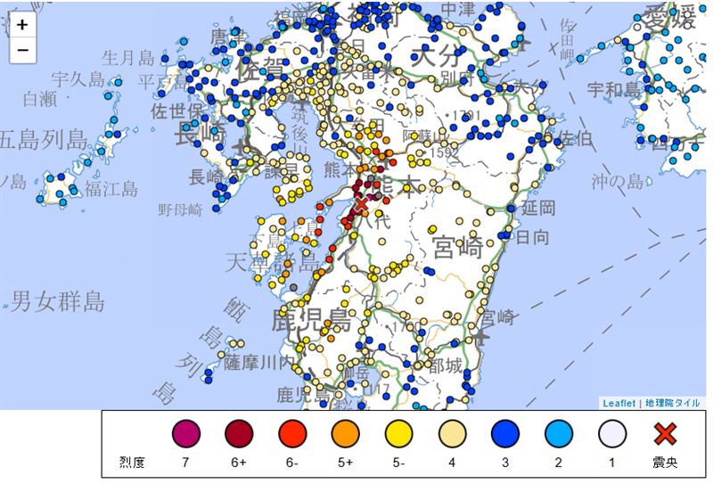日本熊本縣28日發生7.1強震，甚至觸發海嘯警報，引發市場憂心台積電在當地晶圓廠的安危。消息一出，台積電盤前ADR重挫逾2%。（圖／翻攝自日本氣象廳網站）