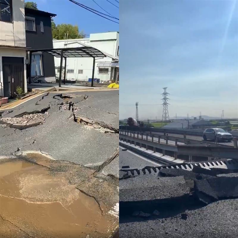 不斷更新／熊本強震災情不斷！多棟房屋倒塌，高速公路「凸起半層樓」。（圖／翻攝自X平台 @tourouken555、hockey_buzz）