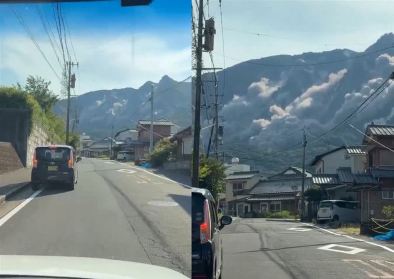 熊本發生地震後，對岸的島原市眉山發生大面積崩塌，居民憂心引發海嘯。（翻攝X／@grassroots2010）