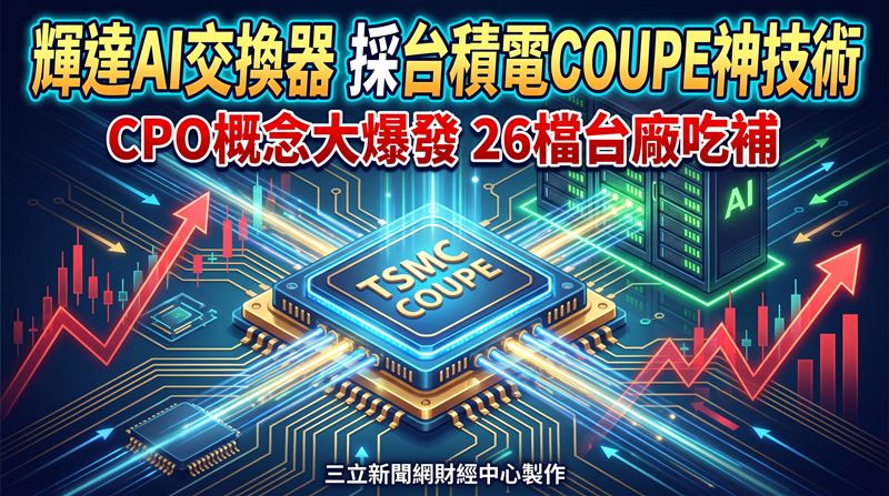 輝達交換器採用台積電(2330)COUPE先進封裝製程,台積電同時掌握矽光子設計、光引擎製造及先進封裝產能,在光互連市場競爭中具備極大整合優勢。封裝測試族群包括日月光投控(3711)、訊芯-KY(6451)、聯鈞(3450)、台星科(3265)及矽格(6257);雷射磊晶與光通訊元件涵蓋聯亞(3081)、全新(2455)及穩懋(3105);封裝材料則有永光(1711)與長興(1717),光纖陣列由上詮(3363)等標的。(圖/三立新聞網財經中心蕭榕AI製圖)