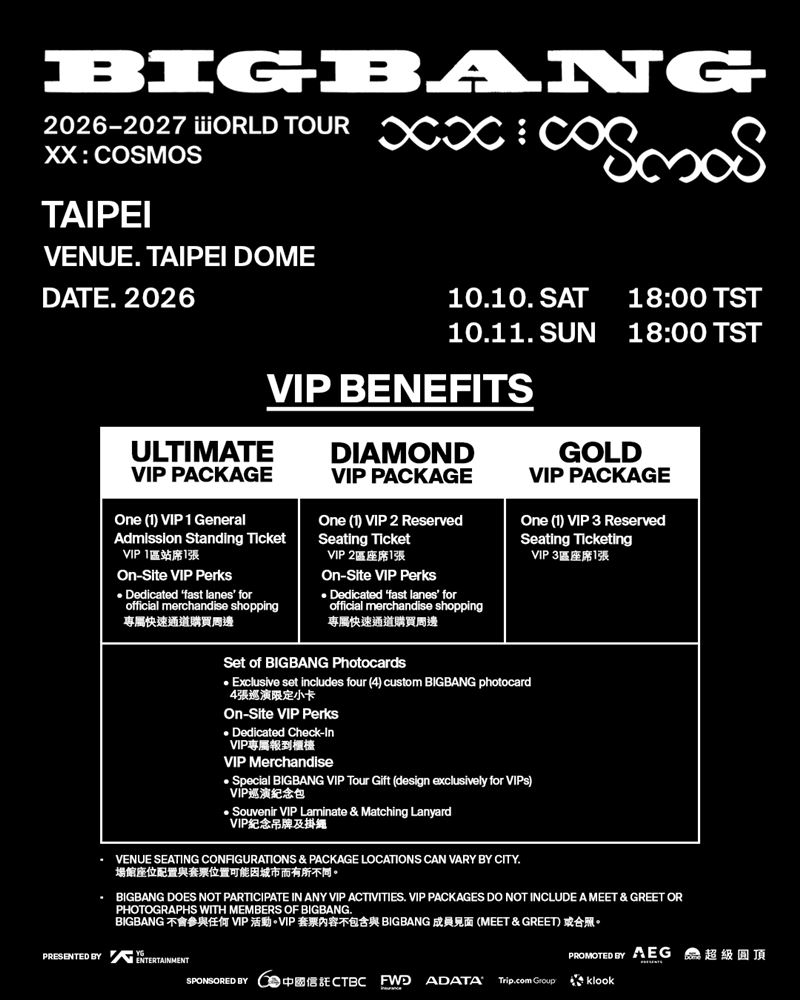 BIGBANG將於2026年展開世界巡演，台北場10月10日、11日一連兩天在大巨蛋登場。（圖／超級圓頂提供）
