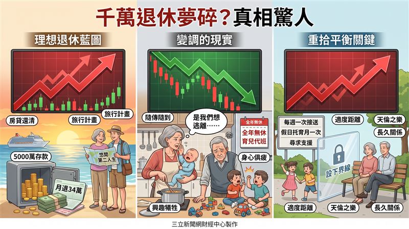 日本一對退休夫妻原本坐擁月退34萬日圓、存款5000萬日圓的優渥退休生活,卻因協助照顧孫輩而心力交瘁,最終透過設立界線找回生活平衡。(圖/三立新聞網財經中心蕭榕AI製圖)
