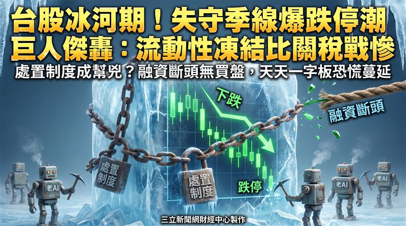 少年股神巨人傑發文開轟處置制度，示警融資斷頭加上分盤限制將導致個股無買盤承接、天天一字板跌停。台股今日暴跌逾兩千點，巨人傑直言流動性已出大問題，情況恐比2025年關稅戰時期的處置行情更加慘烈。（圖／AI製圖）