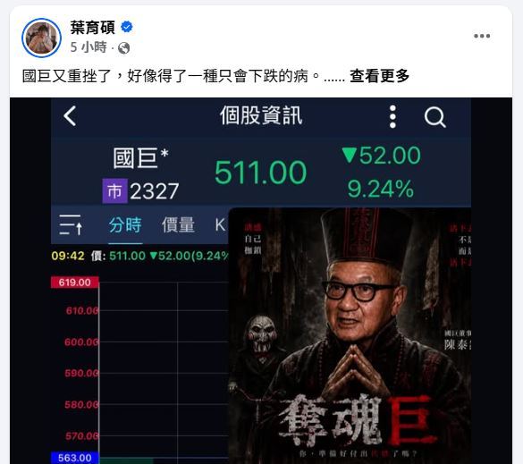 財經專家葉育碩在臉書發文分享最新股市資訊。（圖／翻攝自葉育碩臉書）