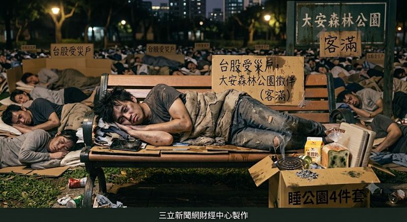 台股近期震盪下跌，網友以「睡公園」自嘲投資失利後的心情，反映市場低迷氣氛。（圖／AI製圖）