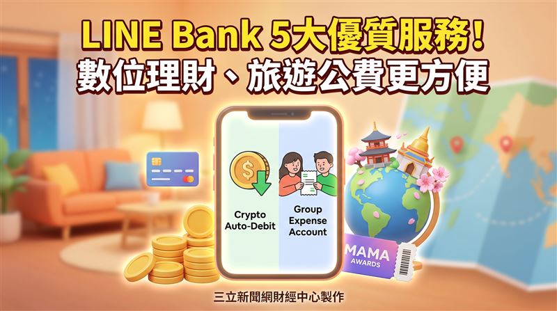 LINE Bank攜手MaiCoin推出虛擬貨幣自動扣款，並升級友感帳戶結合快點卡支付功能。透過一鍵扣款、公費透明化管理及海外高額回饋，純網銀正積極擴大數位理財與消費場景生態圈。（圖／三立新聞網財經中心蕭榕AI製圖）