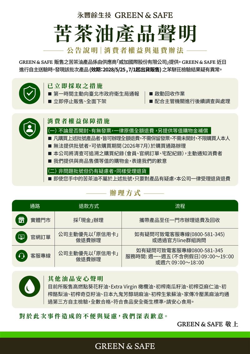 業者表示，凡購買該問題批次商品者，無論產品是否開封、是否保留發票，皆可辦理原價全額退費。（圖／翻攝自GREEN &amp; SAFE官網）
