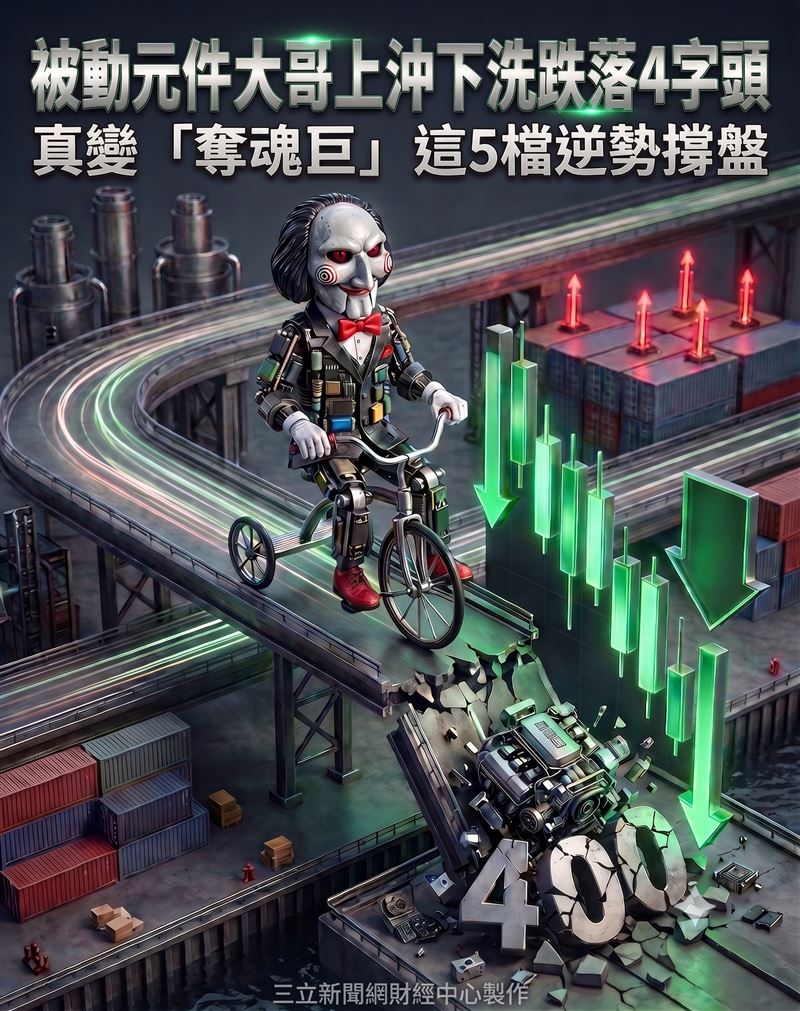市場矚目的大哥國巨*（2327）儘管昨日公布的財報表現亮眼，今日股價依舊摔落至4字頭價位，宛如化身「奪魂巨」，讓套牢其中的投資人心如刀割；二哥華新科（2492）因遭列入處置股同樣同步走跌；三哥妖股禾伸堂（3026）更是連三個交易日吞下跌停。所幸仍有5檔個股逆勢走揚，帶動被動元件族群向上衝刺。（圖／AI製圖）