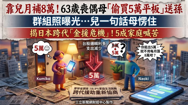 日本一名63歲女性接受兒子每月孝親費資助，卻自掏腰包買平板電腦送孫女，意外引爆母子對孝親費用途認知落差。（圖／三立新聞網財經中心蕭榕AI製圖）