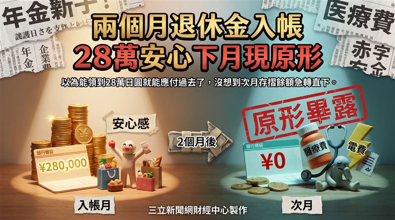 存摺上的退休金數字看似寬裕，但兩個月一次撥款的制度，稍不留意就可能讓次月生活費出現缺口。（圖／三立新聞網財經中心蕭榕AI製圖）