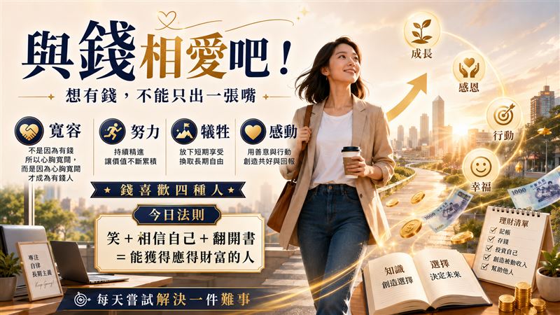 快知道！錢最喜歡的4種人曝光了。《這輩子，你能擁有多少錢》作者高明煥曝光賺錢心法：每天做對1件事就能變有錢。（圖／ChatGPT製作、大是文化提供）