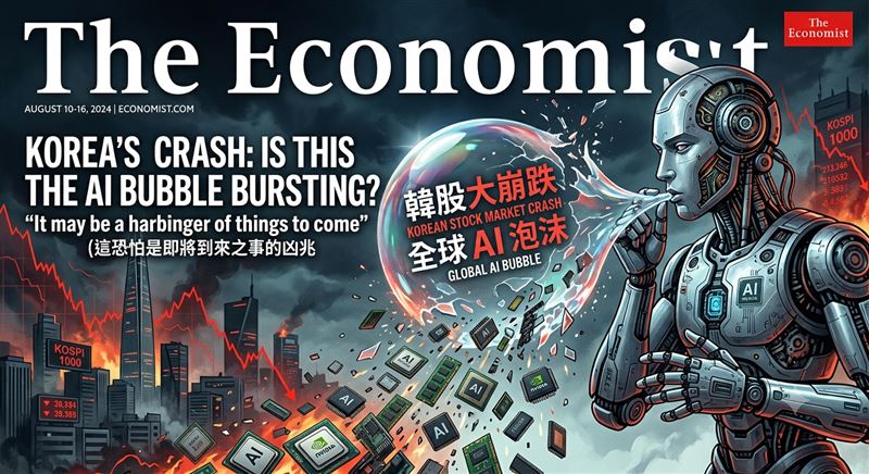 韓股AI榮景急轉直下,英國《經濟學人》直呼根本是大崩壞(collapsing spectacularly),並拋出驚悚預告:「It maybe a harbinger of things to come」(這恐怕是即將到來之事的凶兆)。文章插圖更是直白,代表韓國股市的氣球由機器人吹起,現在卻整個破滅,當中的晶片與記憶體全被拋出,凸顯了AI泡沫的虛幻與終結。(圖/三立新聞網財經中心AI製圖)