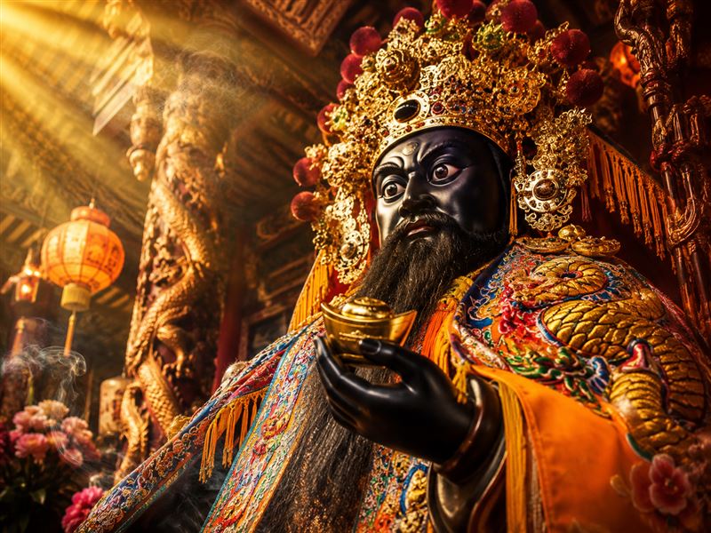 2026年國曆7月31日農曆6月18日是池府王爺生日！祂也是發財神，快拜這4種水果「鳳梨、橘子、蘋果、葡萄」心想事成大賺金山。（圖／ChatGPT製作）