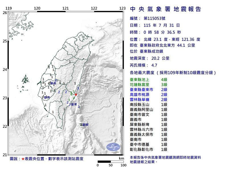 快訊/地牛翻身!00:58規模4.7地震(圖/氣象署)